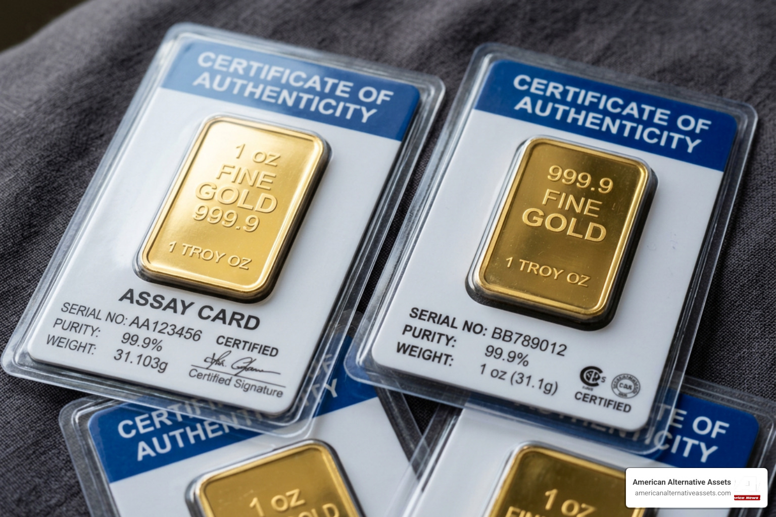 minted gold bars with assay cards