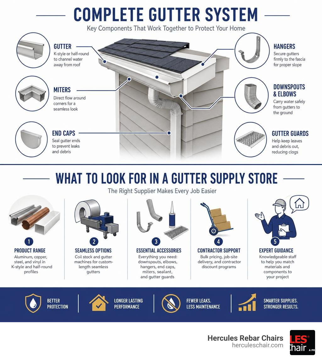 Infographic showing key components of a complete gutter system and what to look for in a supplier infographic Infographic showing key components of a complete gutter system and what to look for in a supplier infographic