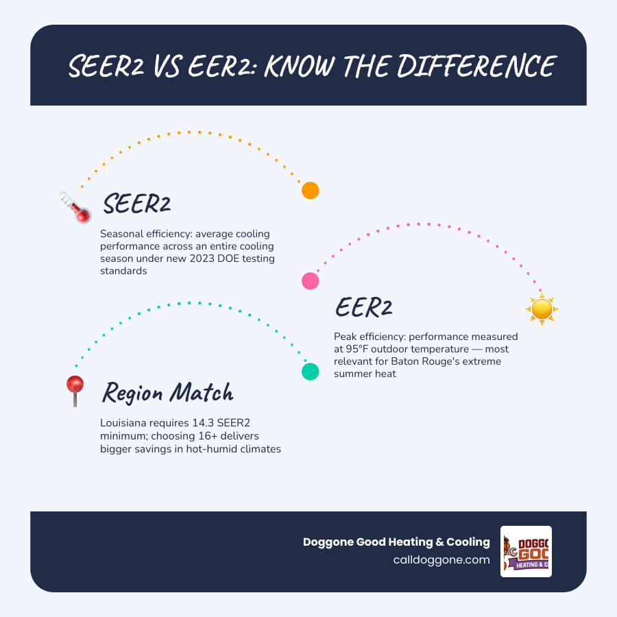 Infographic comparing SEER2 vs EER2 ratings, seasonal vs peak efficiency, and Baton Rouge regional minimums infographic