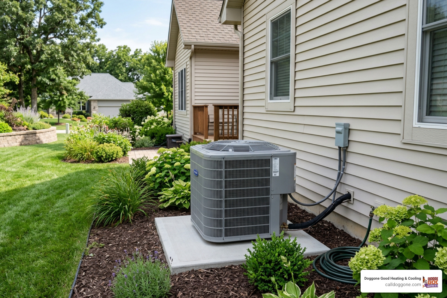 A clean, well-maintained outdoor AC condenser unit sitting on a concrete pad surrounded by neat landscaping