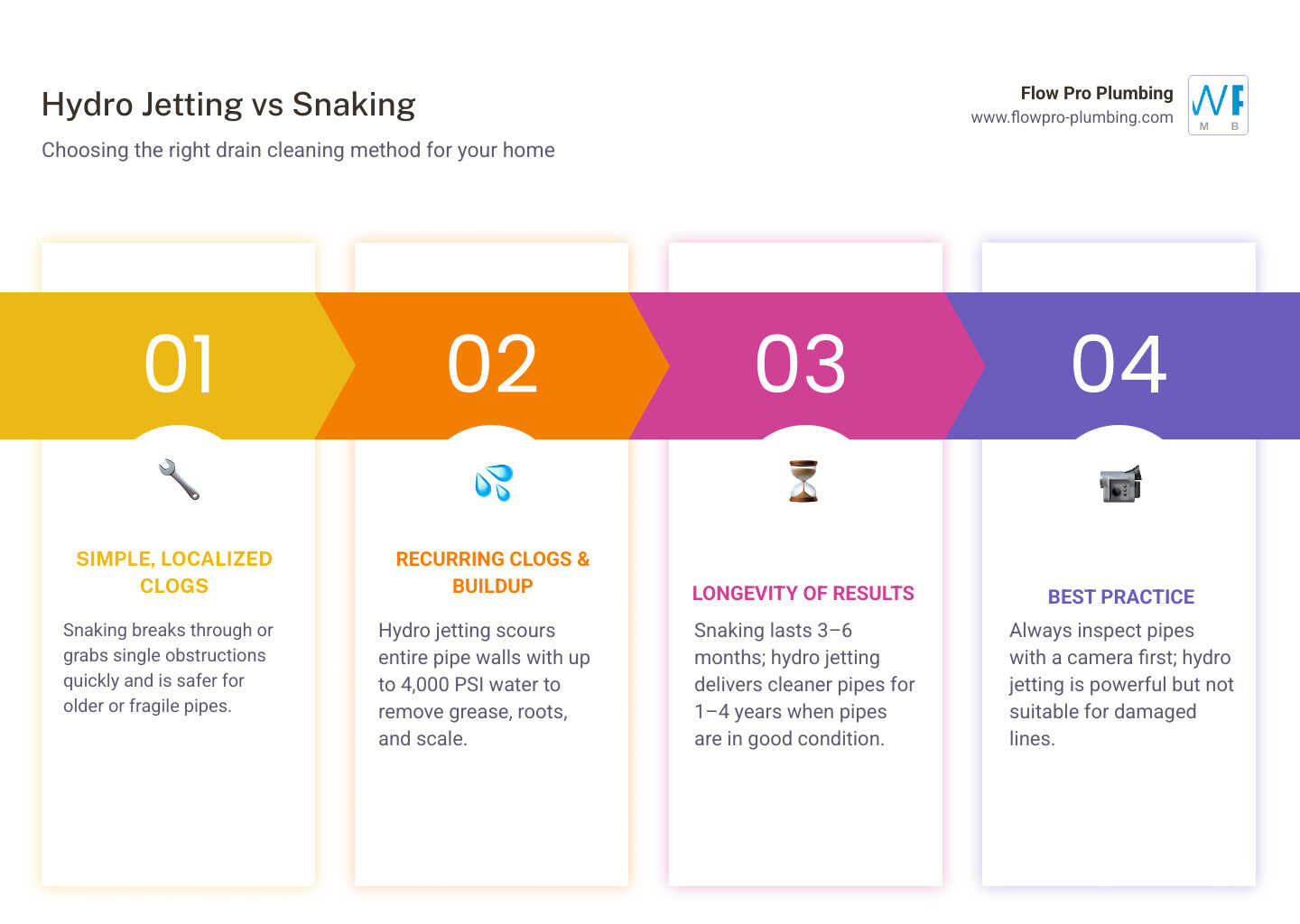 Infographic comparing hydro jetting vs snaking: method, clog type, longevity, and pipe safety infographic Infographic comparing hydro jetting vs snaking: method, clog type, longevity, and pipe safety infographic
