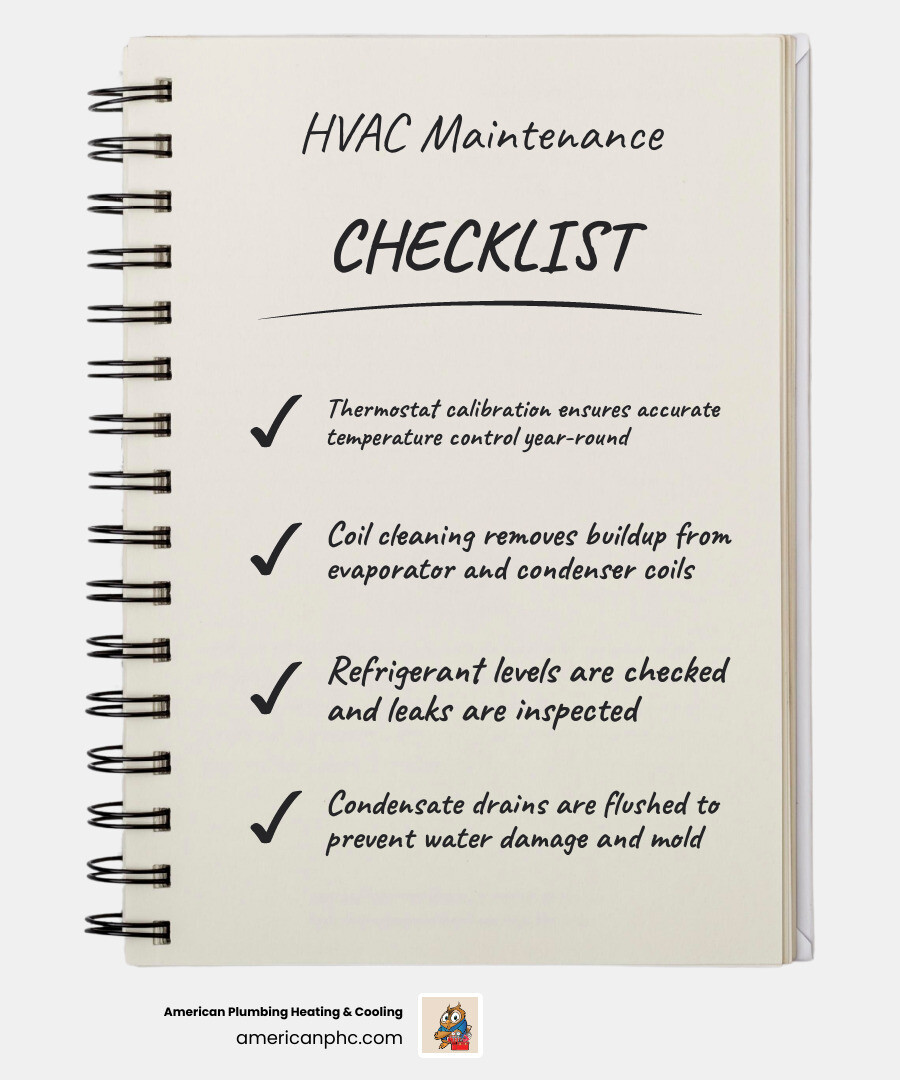 Infographic showing key components of an HVAC maintenance visit including coil cleaning, refrigerant check, electrical