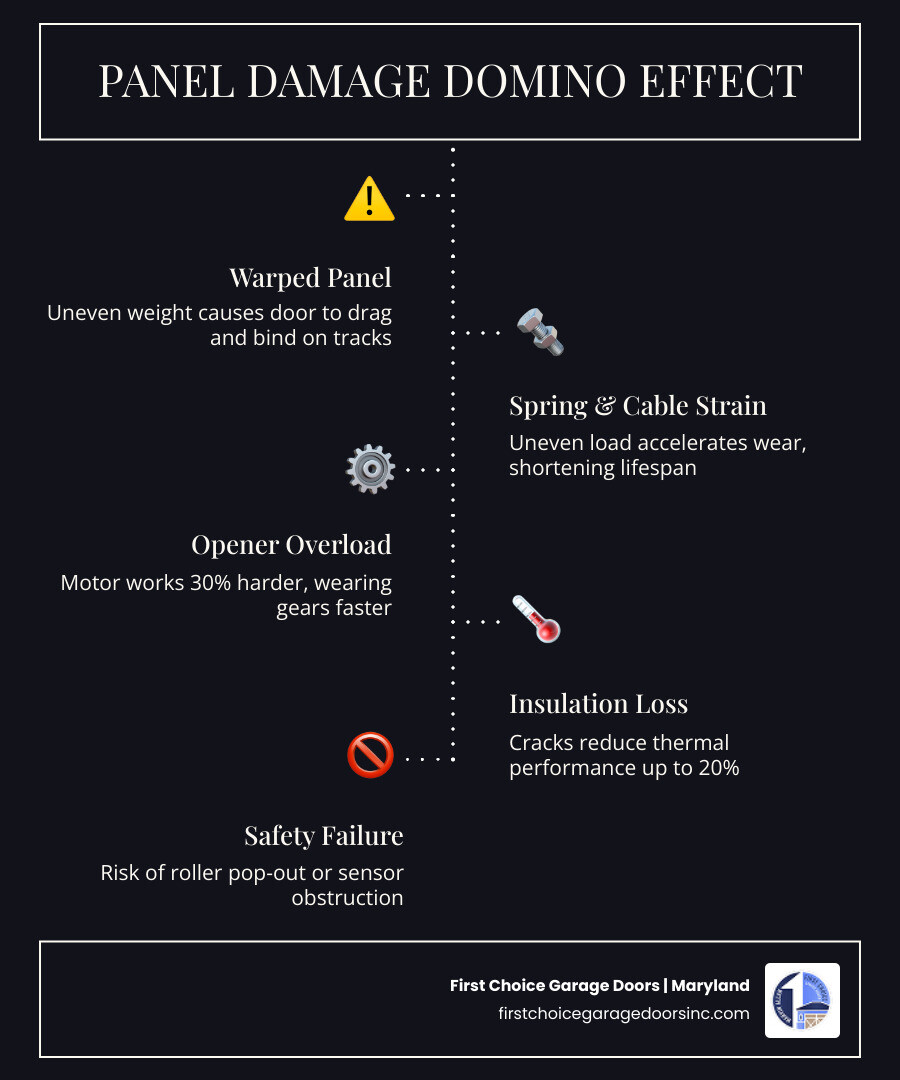 Infographic showing domino effect of garage door panel damage on springs cables opener and insulation infographic Infographic showing domino effect of garage door panel damage on springs cables opener and insulation infographic
