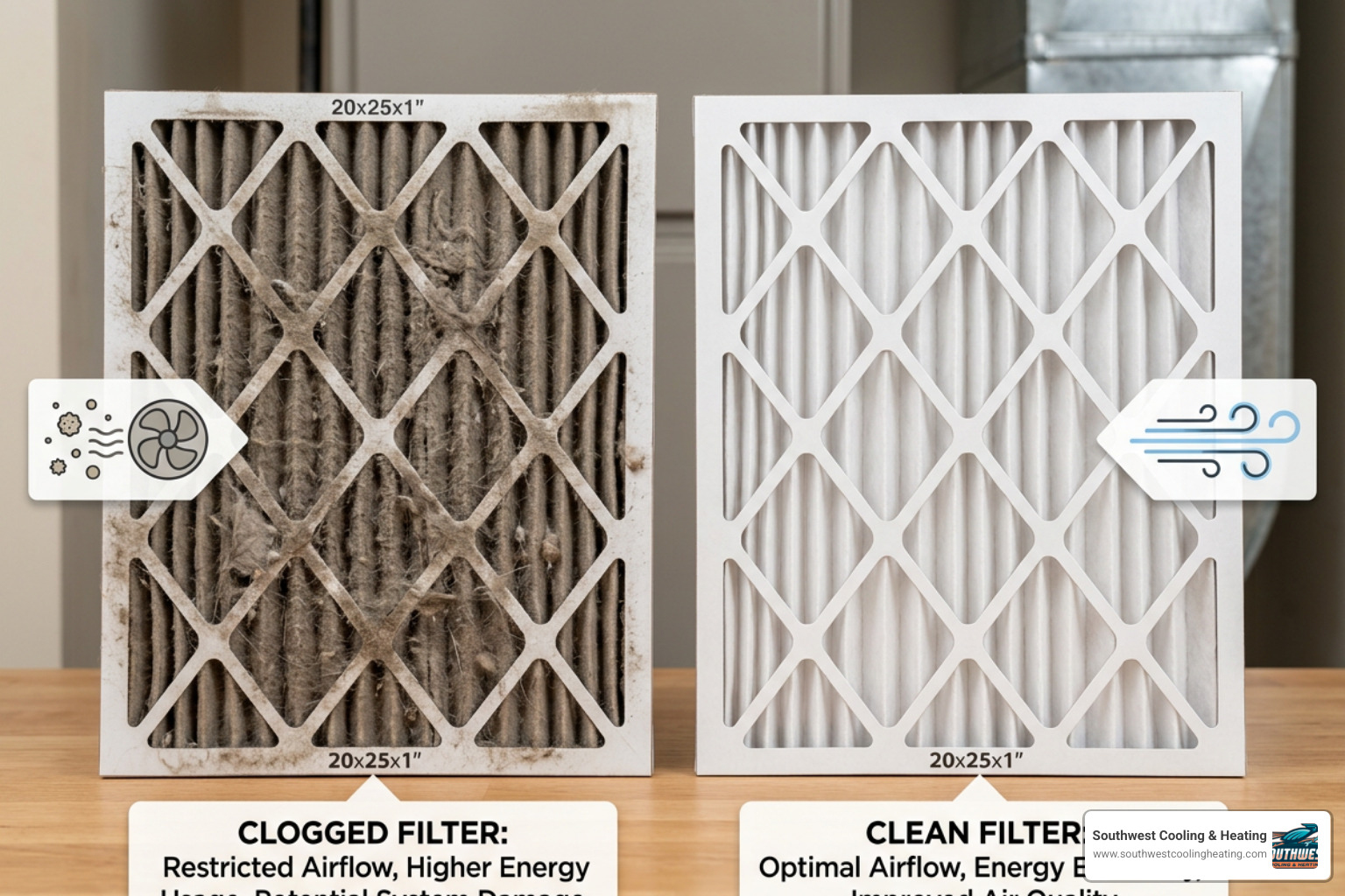 infographic showing what happens when you skip air filter changes — airflow restriction, energy bills, health effects, and infographic showing what happens when you skip air filter changes — airflow restriction, energy bills, health effects, and
