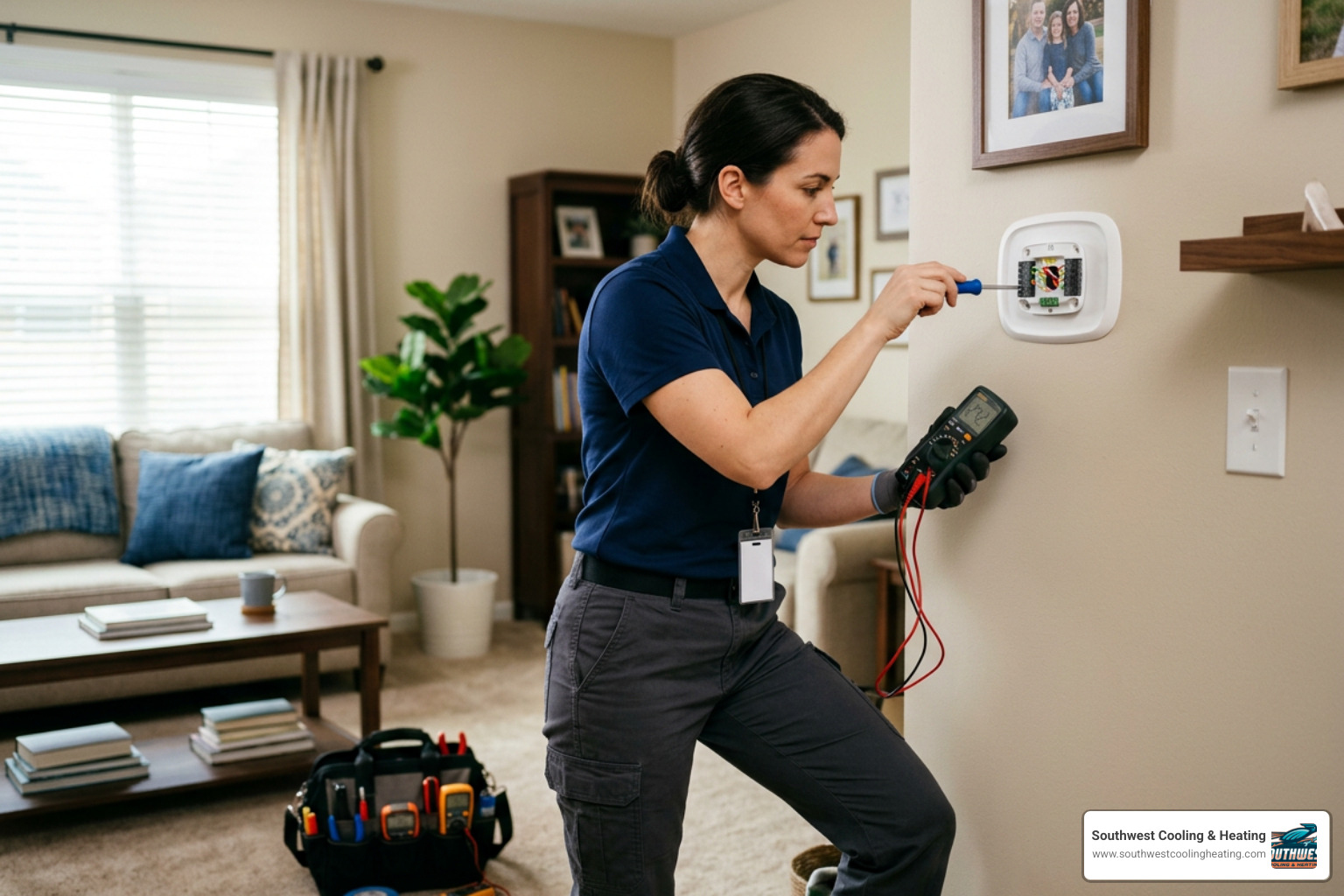 HVAC technician checking electrical connections and calibrating thermostat inside a home HVAC technician checking electrical connections and calibrating thermostat inside a home