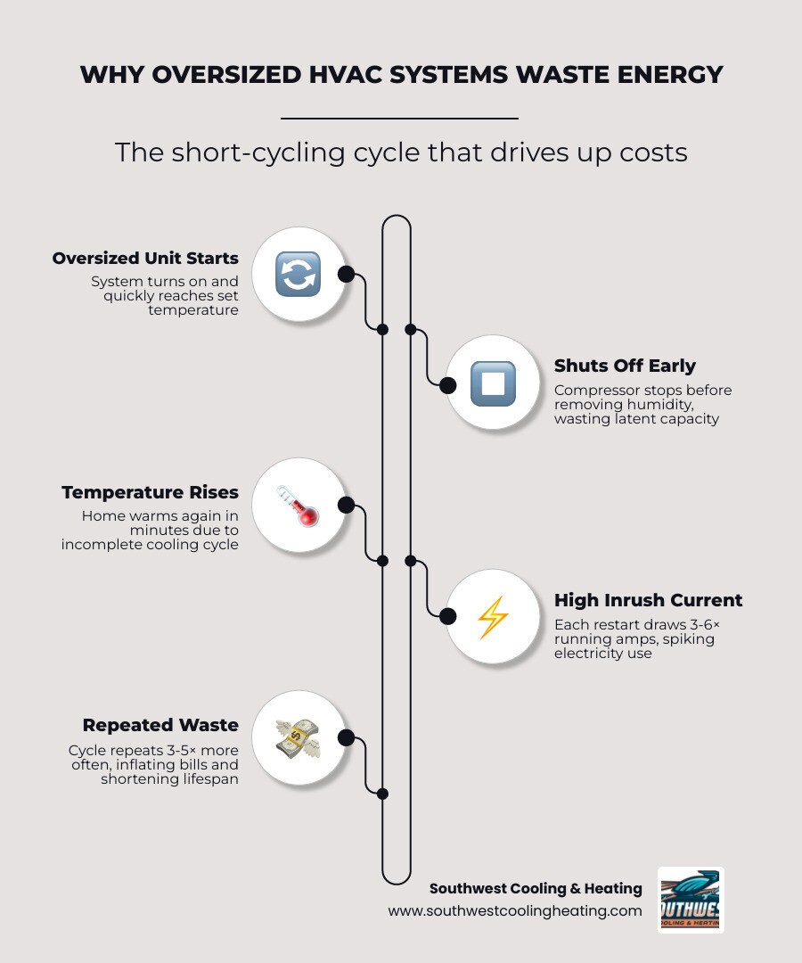 Infographic showing the short cycling loop of an oversized air conditioner and its energy waste effects infographic Infographic showing the short cycling loop of an oversized air conditioner and its energy waste effects infographic