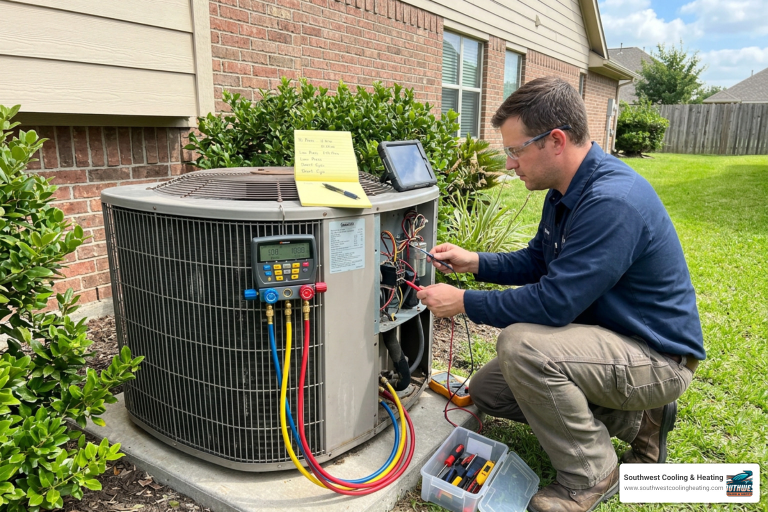 An HVAC technician inspecting an oversized AC compressor short cycling An HVAC technician inspecting an oversized AC compressor short cycling