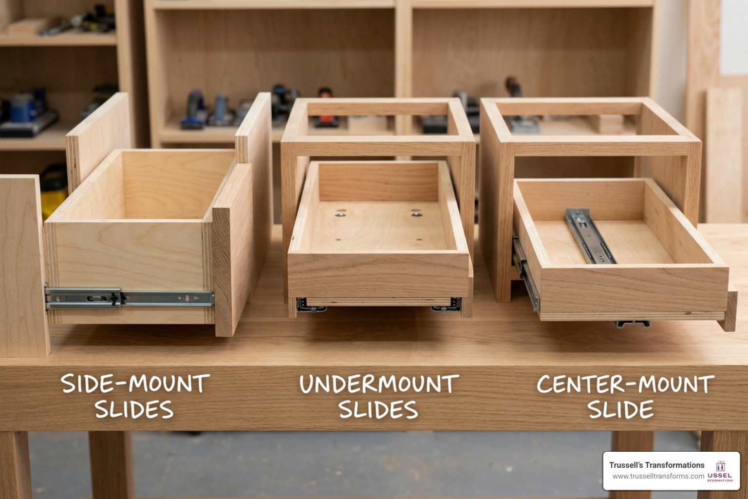 Different Types Of Drawer Slides Side By Side Showing Side-Mount, Undermount, And Center-Mount Styles Different Types Of Drawer Slides Side By Side Showing Side-Mount, Undermount, And Center-Mount Styles