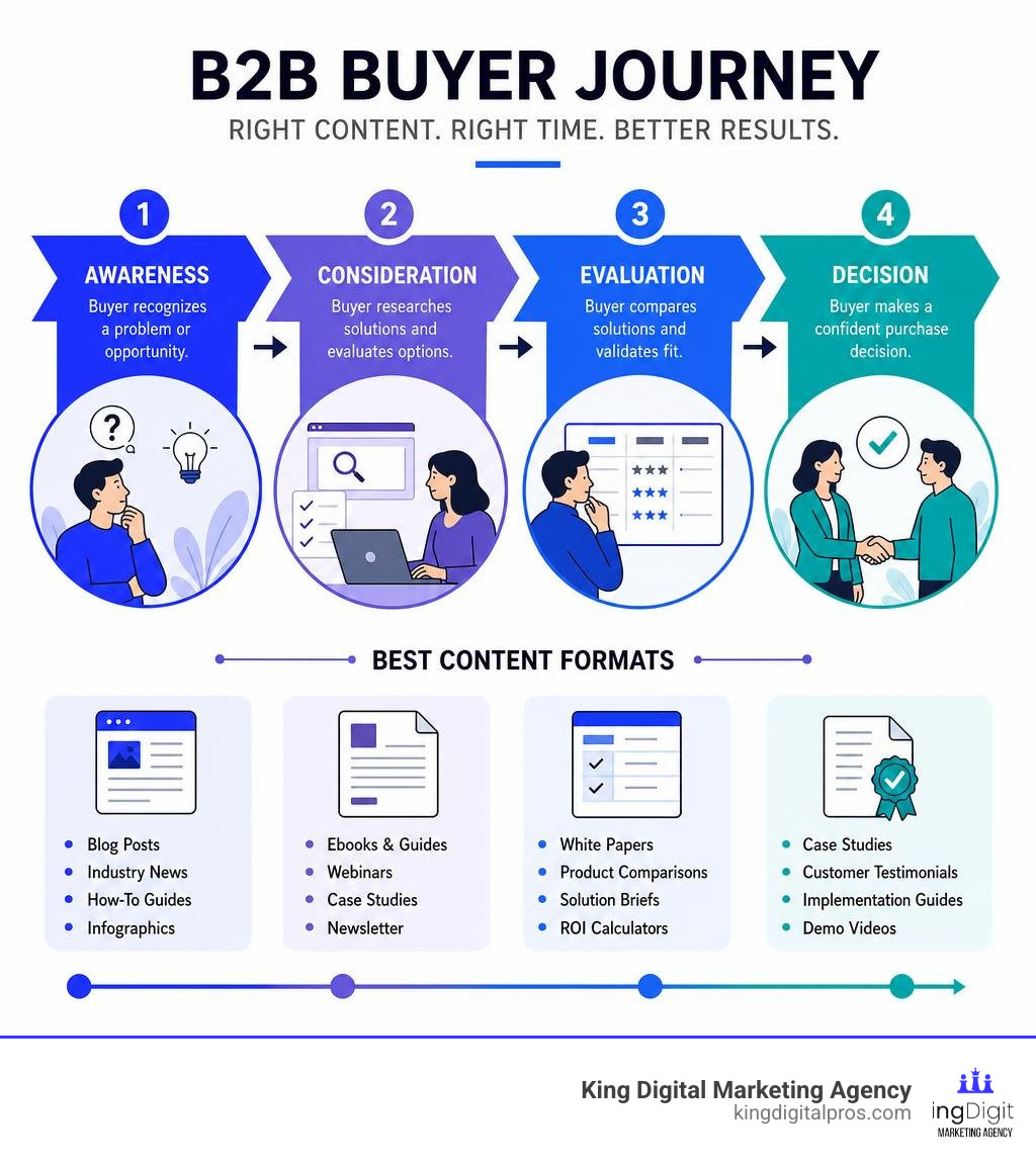 B2B buyer journey stages from awareness to decision with content formats mapped to each stage infographic B2B Buyer Journey Stages From Awareness To Decision With Content Formats Mapped To Each Stage Infographic