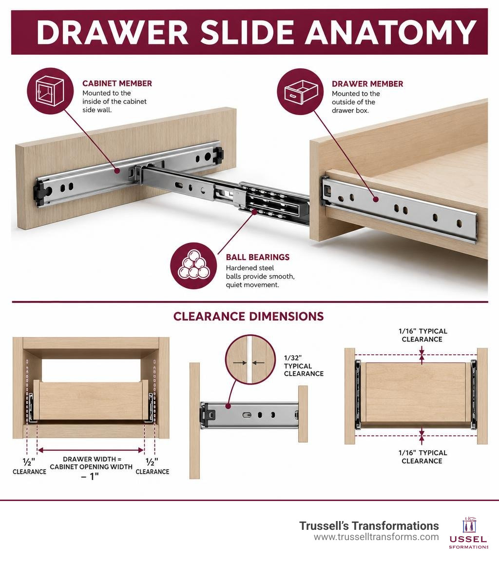 Drawer Slide Anatomy Infographic Showing Cabinet Member, Drawer Member, Ball Bearings, And Clearance Dimensions Infographic Drawer Slide Anatomy Infographic Showing Cabinet Member, Drawer Member, Ball Bearings, And Clearance Dimensions Infographic