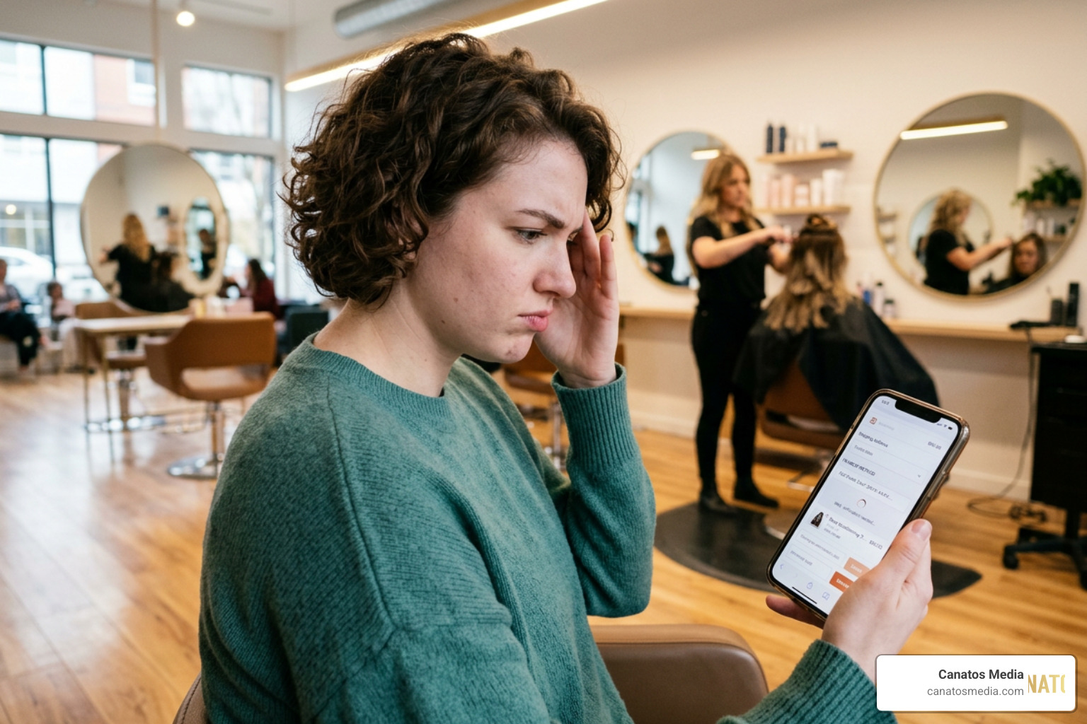 Frustrated salon client looking at a complex online checkout screen on their phone