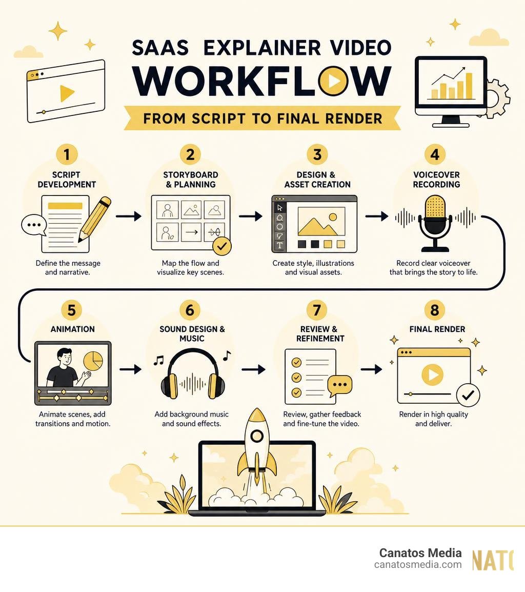 SaaS explainer video workflow from script to final render infographic