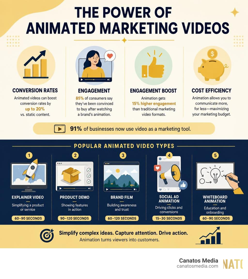 Benefits of animated marketing videos: conversion rates, engagement, cost efficiency, and video types infographic