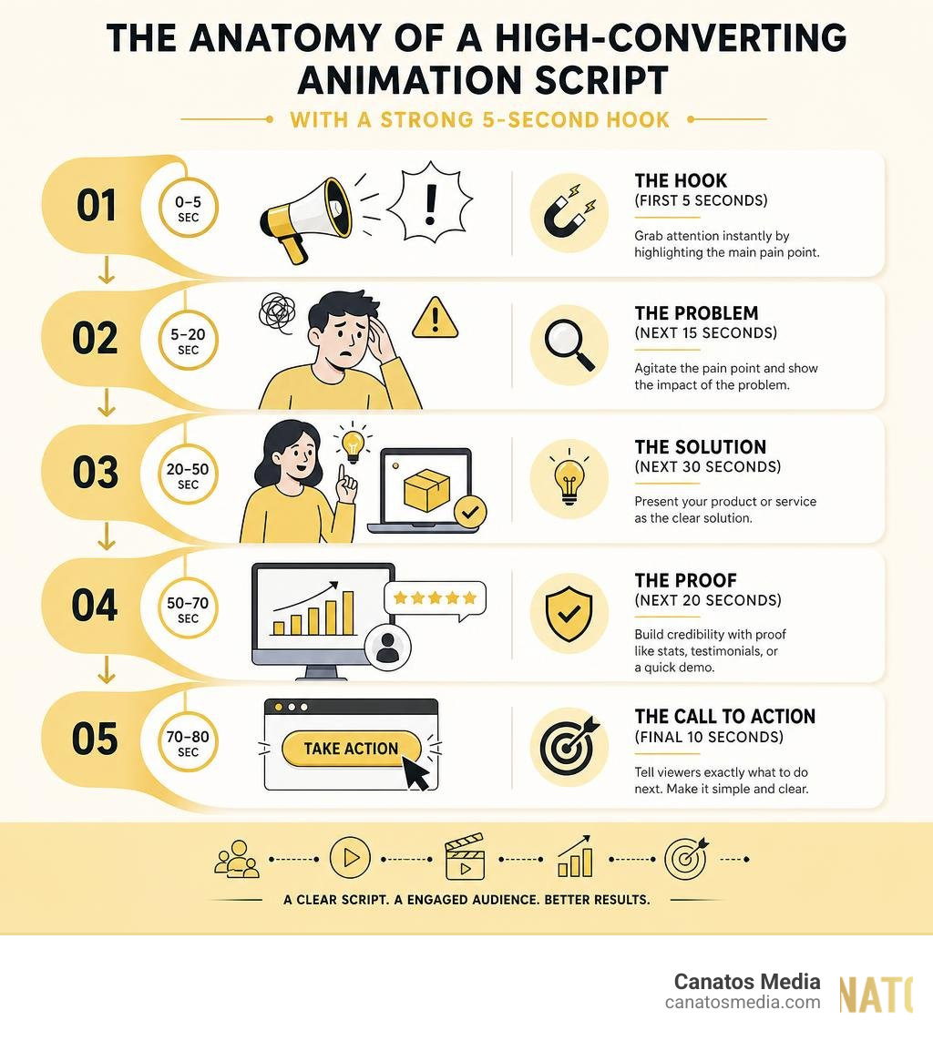 The anatomy of a high-converting animation script with a strong 5-second hook infographic