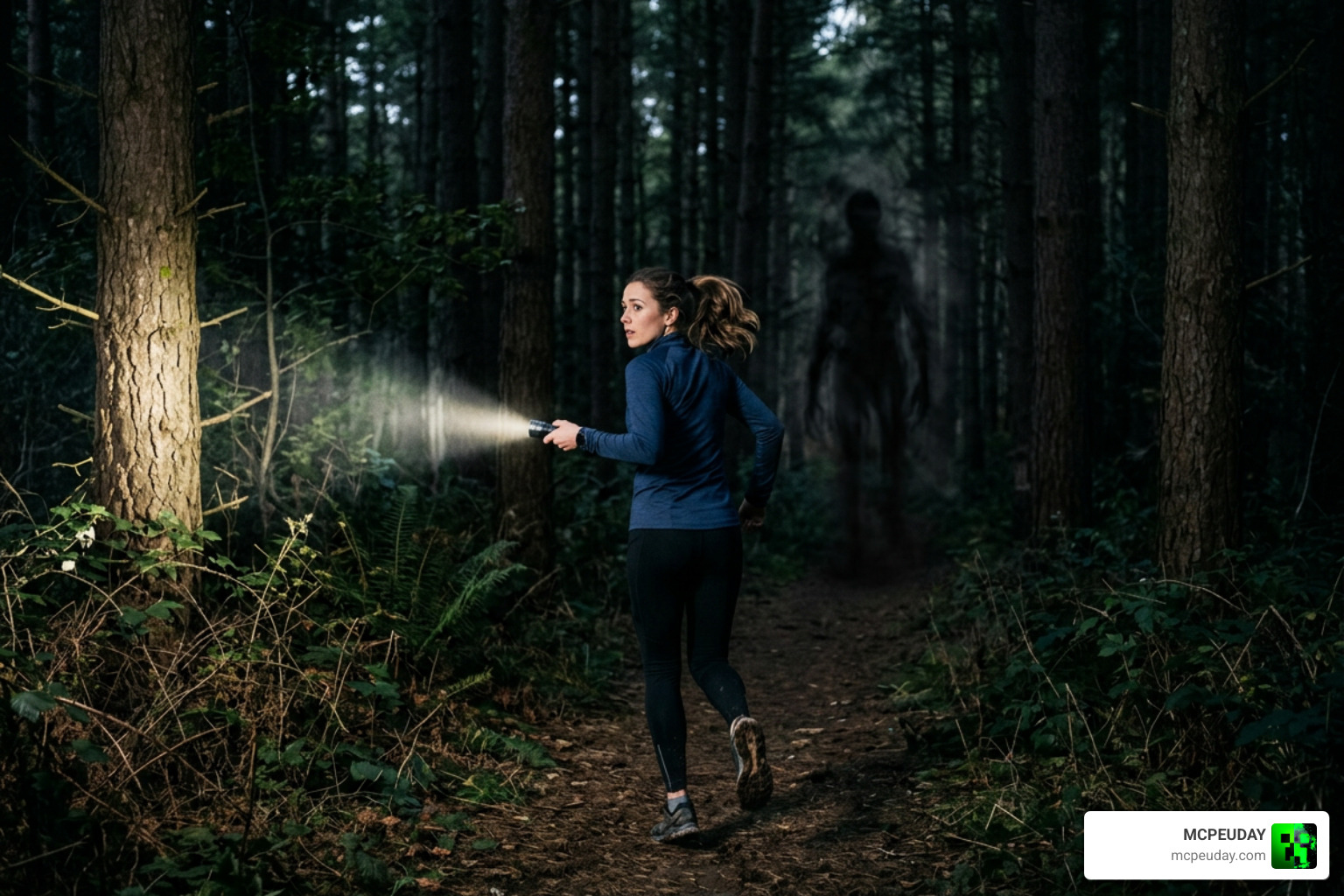 A player running through a dark forest with a flashlight escaping a tall creepy shadow monster A player running through a dark forest with a flashlight escaping a tall creepy shadow monster