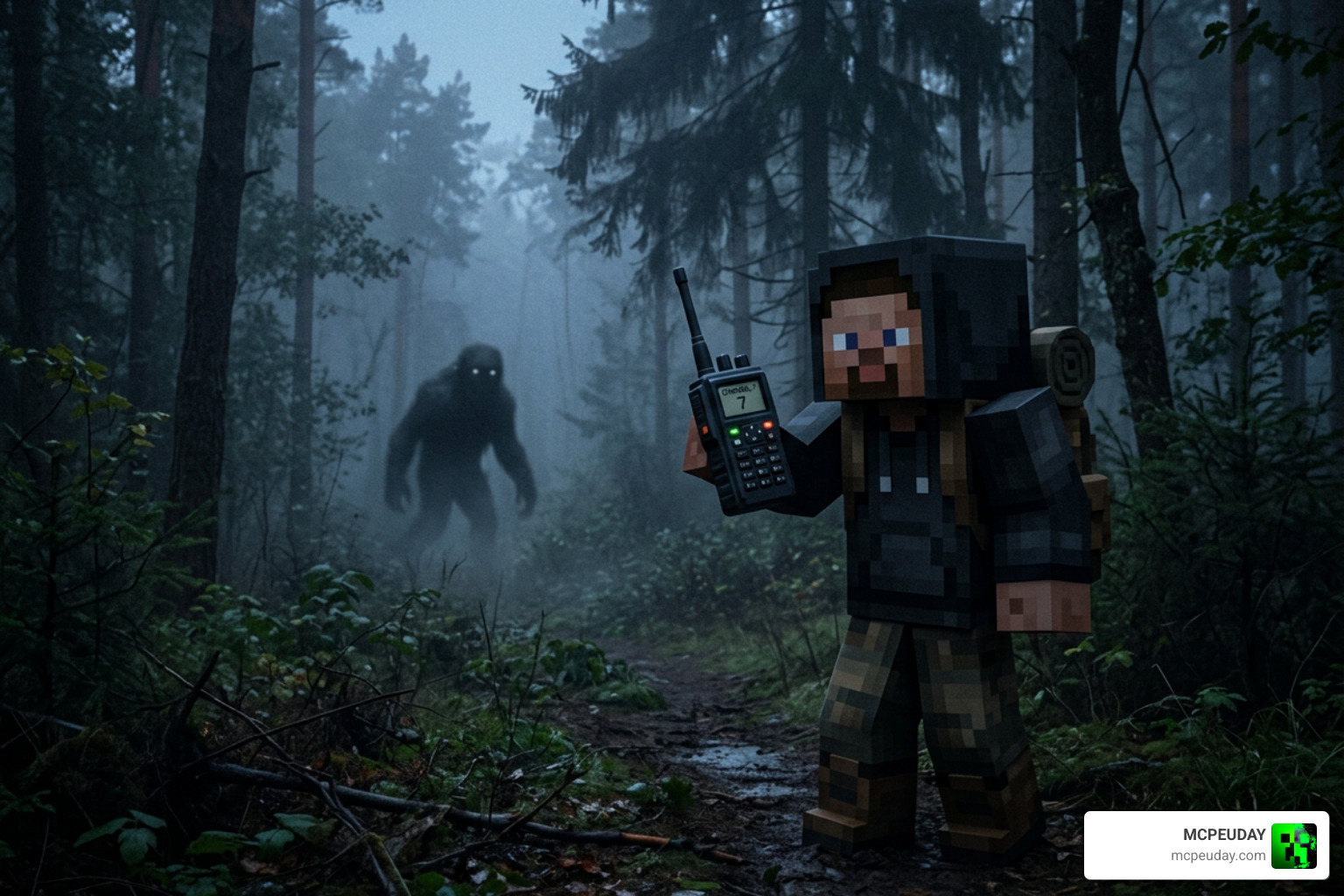 A player checking their handheld radio as a dark cryptid entity approaches in the fog A player checking their handheld radio as a dark cryptid entity approaches in the fog