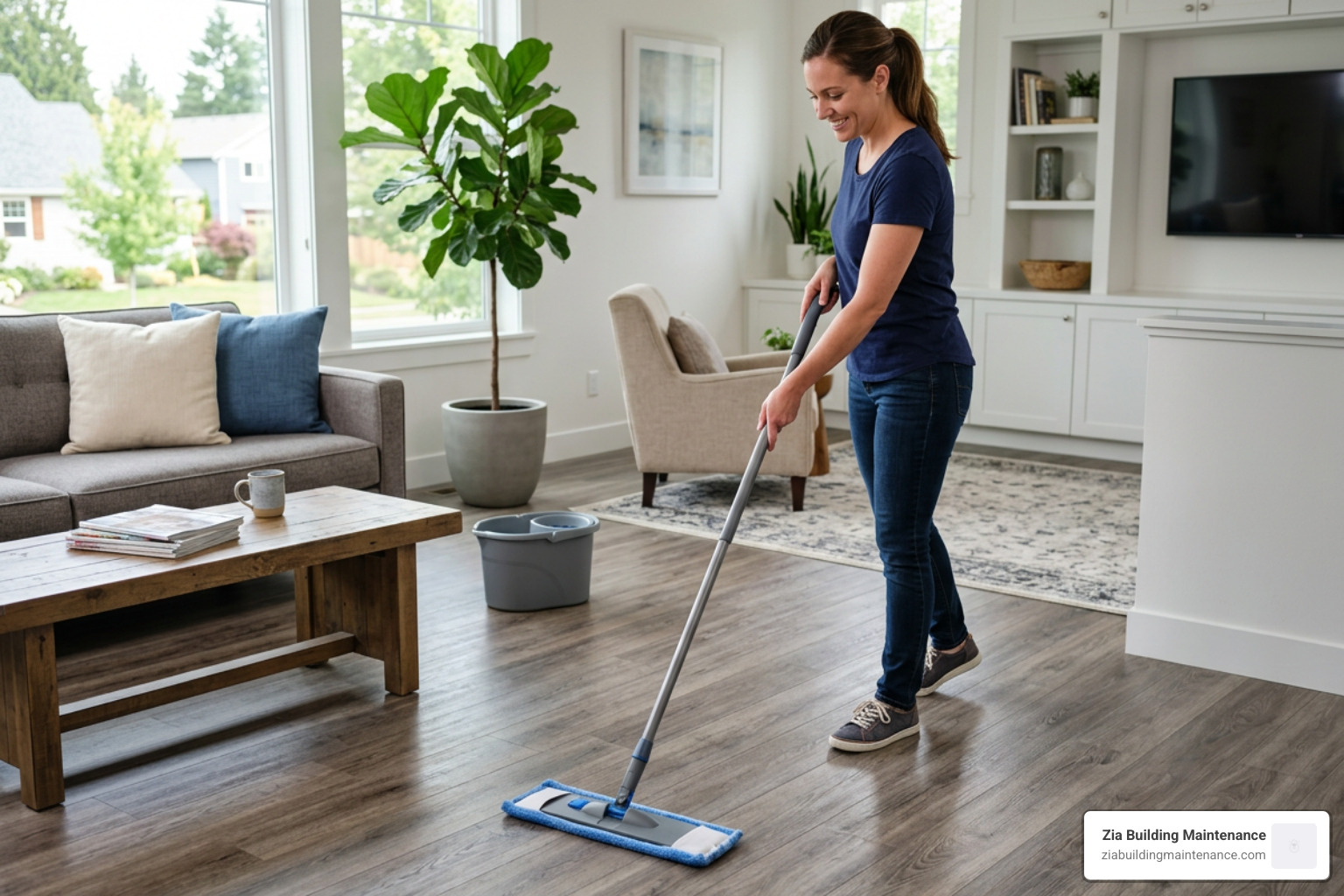 Step-by-step luxury vinyl plank flooring cleaning process with a microfiber mop Step-by-step luxury vinyl plank flooring cleaning process with a microfiber mop