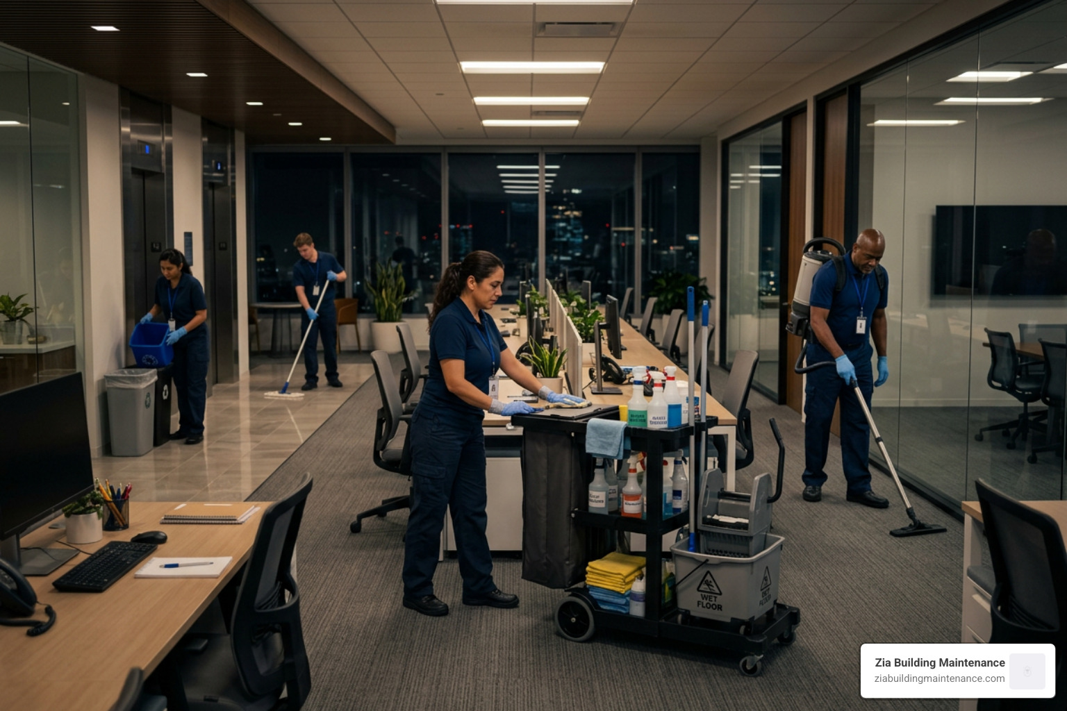 A janitorial team working after hours in a modern office A janitorial team working after hours in a modern office
