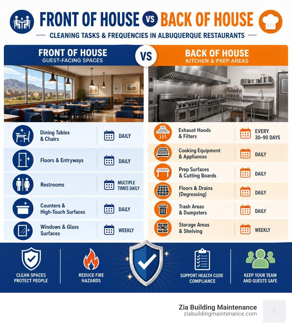 Infographic comparing front of house vs back of house cleaning tasks and frequencies in Albuquerque restaurants infographic Infographic comparing front of house vs back of house cleaning tasks and frequencies in Albuquerque restaurants infographic
