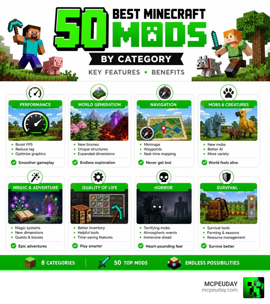 Infographic showing 50 best Minecraft mods by category with key features and benefits infographic Infographic showing 50 best Minecraft mods by category with key features and benefits infographic