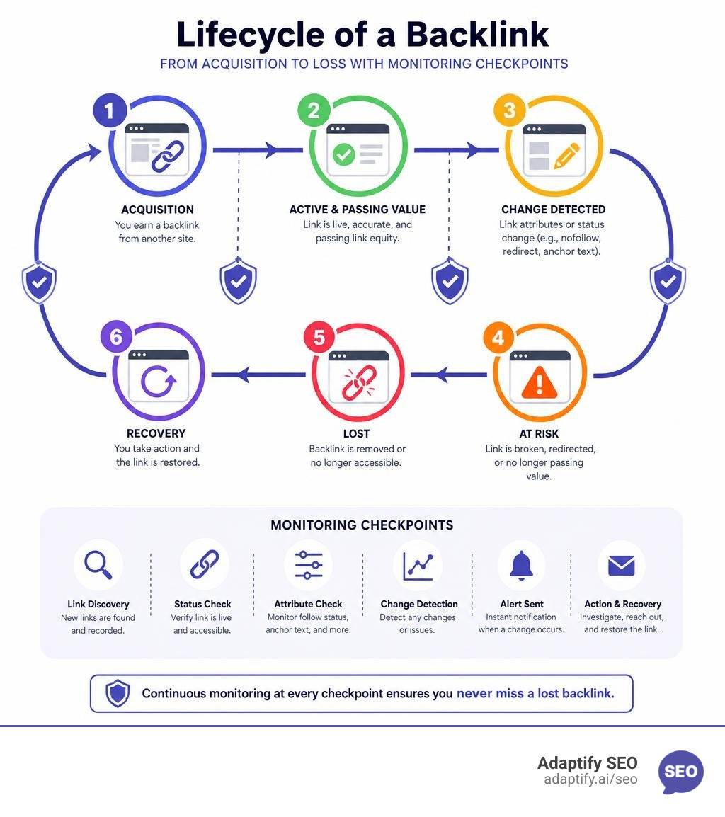 Lifecycle of a backlink from acquisition to loss with monitoring checkpoints infographic