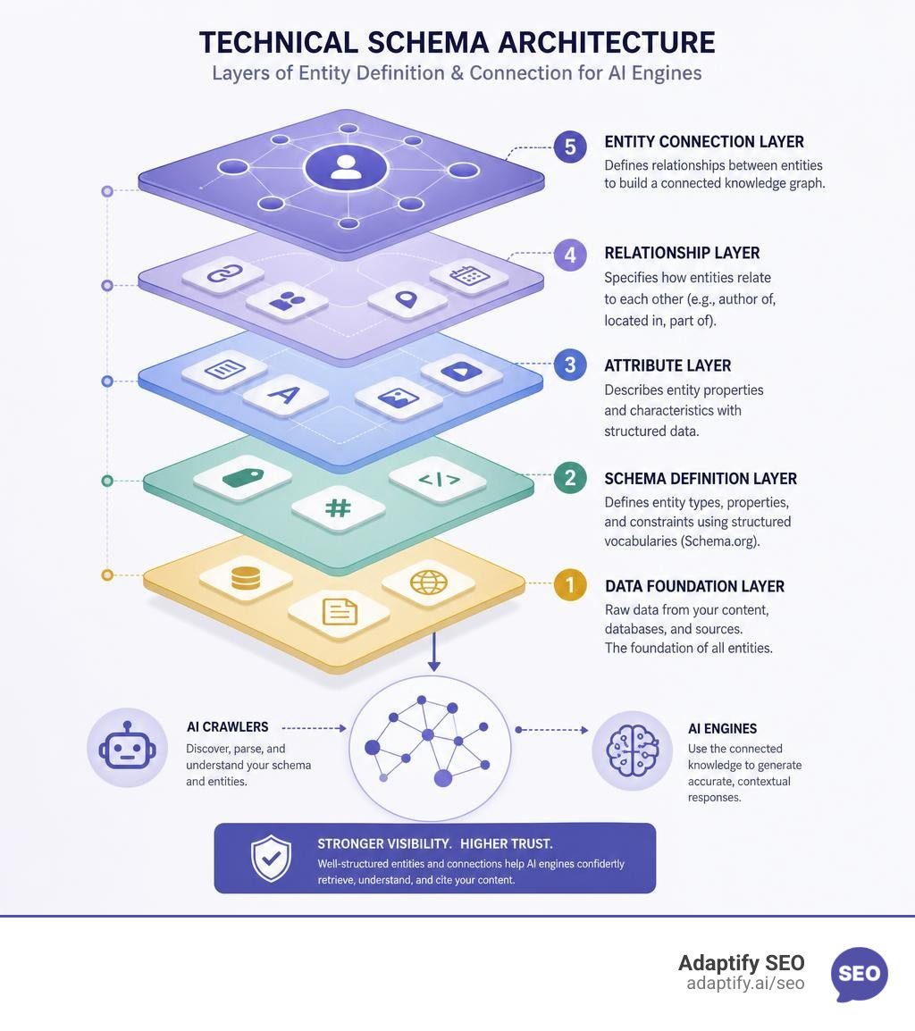 Technical schema architecture showing the layers of entity definition and connection for AI engines infographic