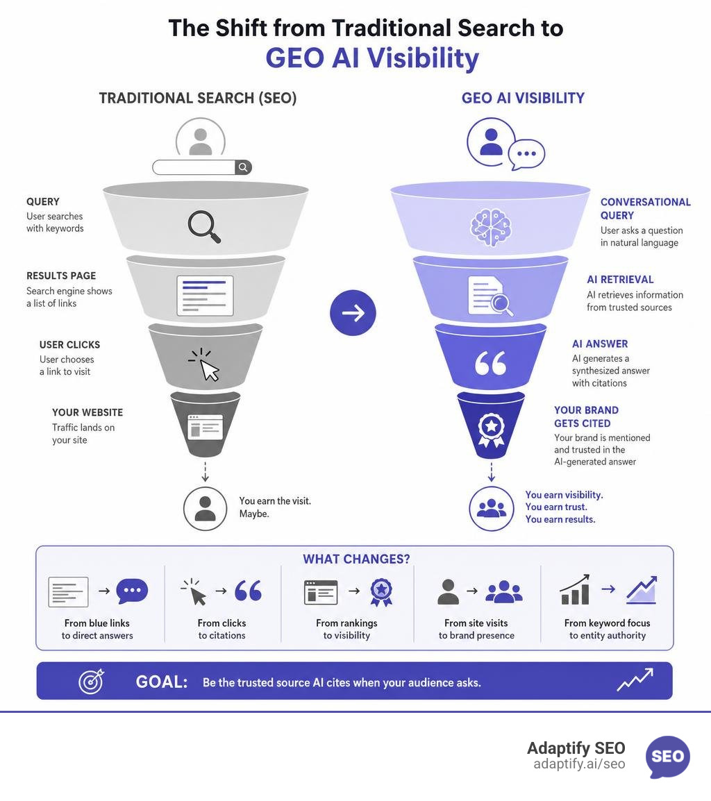 AI search funnel showing the shift from traditional search to GEO AI visibility and citation-based discovery infographic
