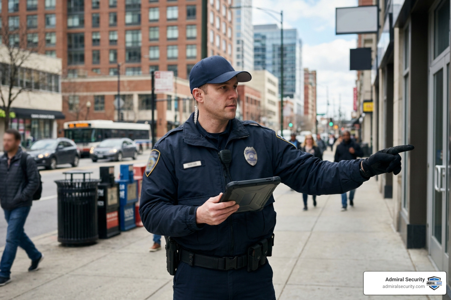 security agent conducting a security risk assessment with blurred uniform badges