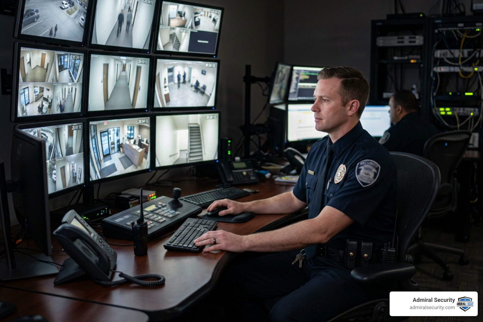 security officer with a blurred badge monitoring CCTV screens