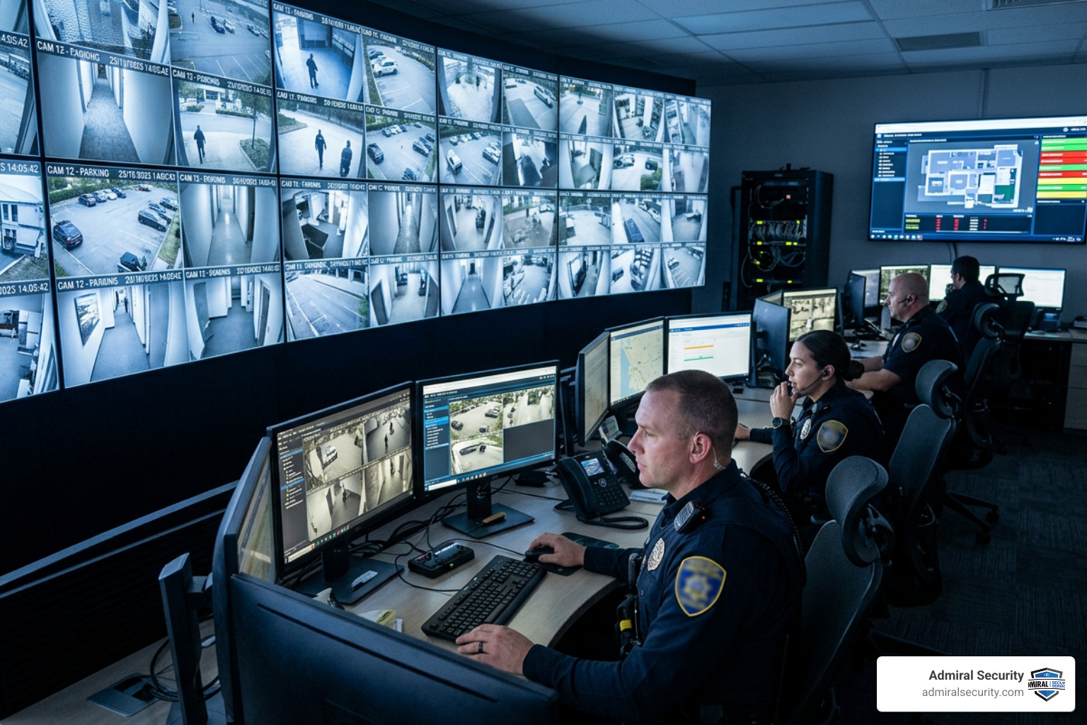 Security operations center monitoring remote video feeds with blurred badges on personnel uniforms Security operations center monitoring remote video feeds with blurred badges on personnel uniforms