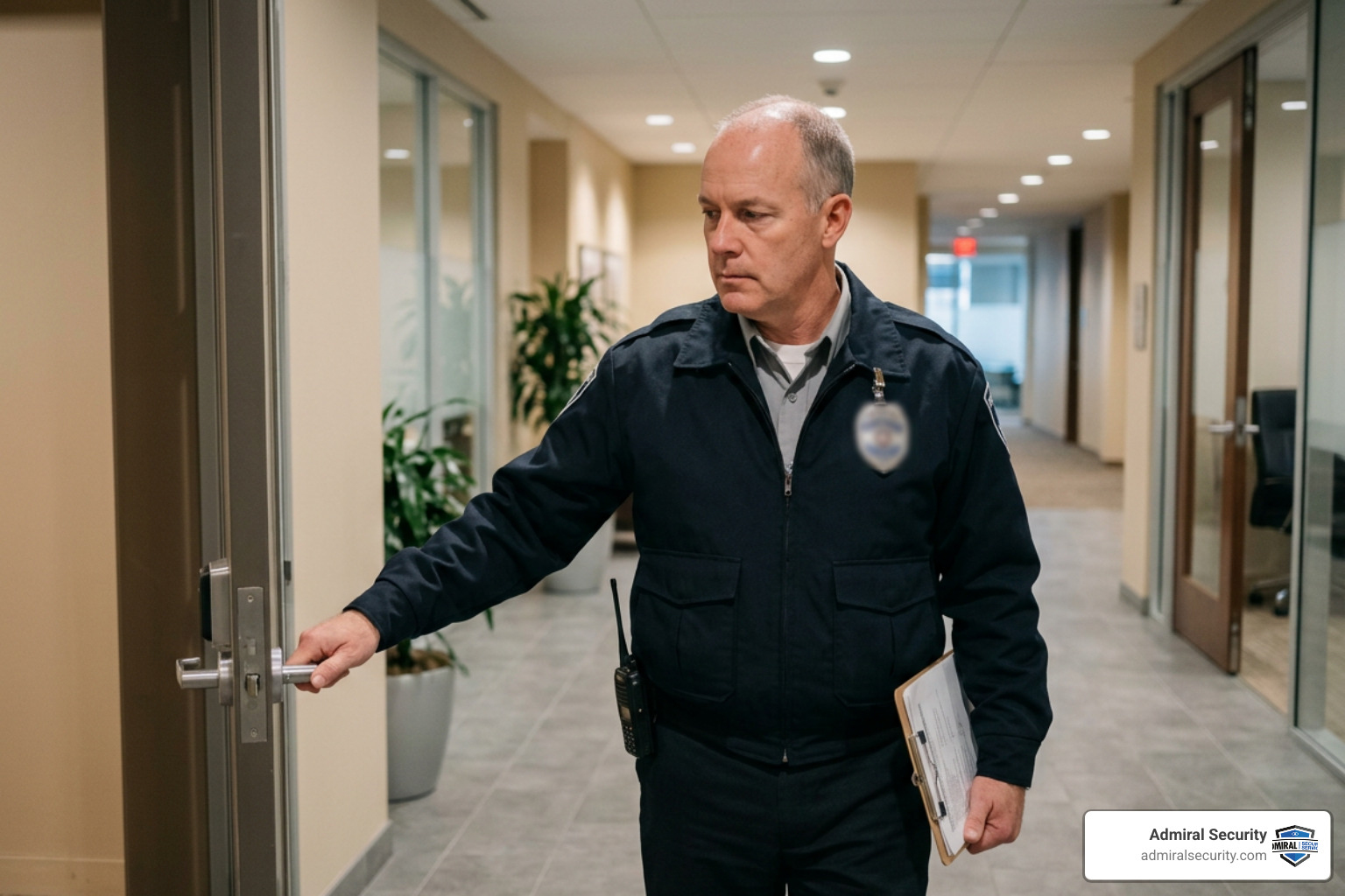 security supervisor with a blurred badge conducting a property walkthrough