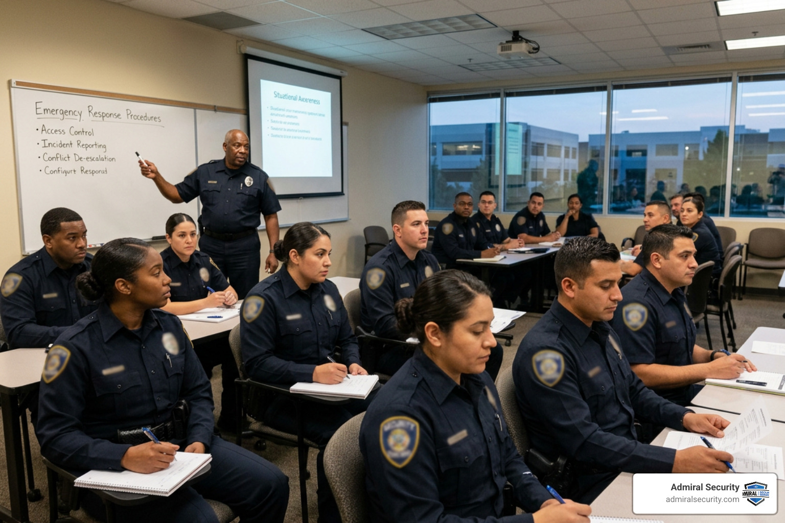 security personnel undergoing training with blurred uniform badges