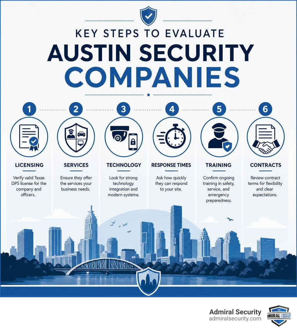 Key steps to evaluate Austin security companies: licensing, services, tech, response times, training, contracts infographic Key steps to evaluate Austin security companies: licensing, services, tech, response times, training, contracts infographic