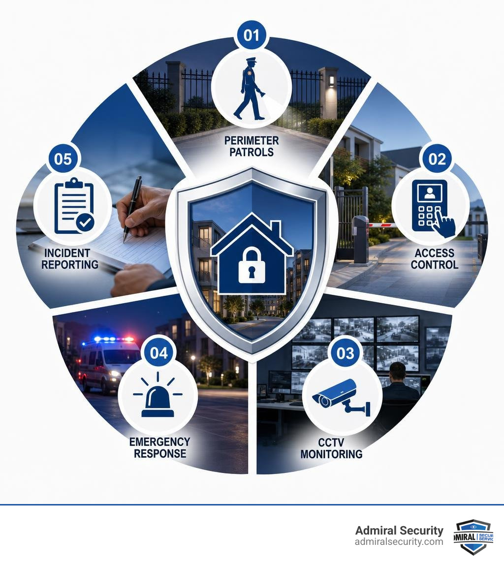 Infographic showing layers of residential security: perimeter patrols, access control, CCTV monitoring, emergency response