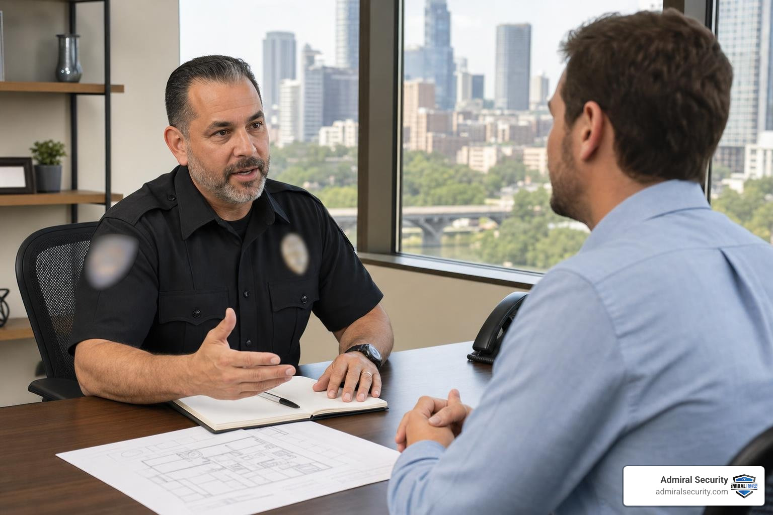 Professional security manager consulting with a client in Austin with uniform badges blurred Professional security manager consulting with a client in Austin with uniform badges blurred