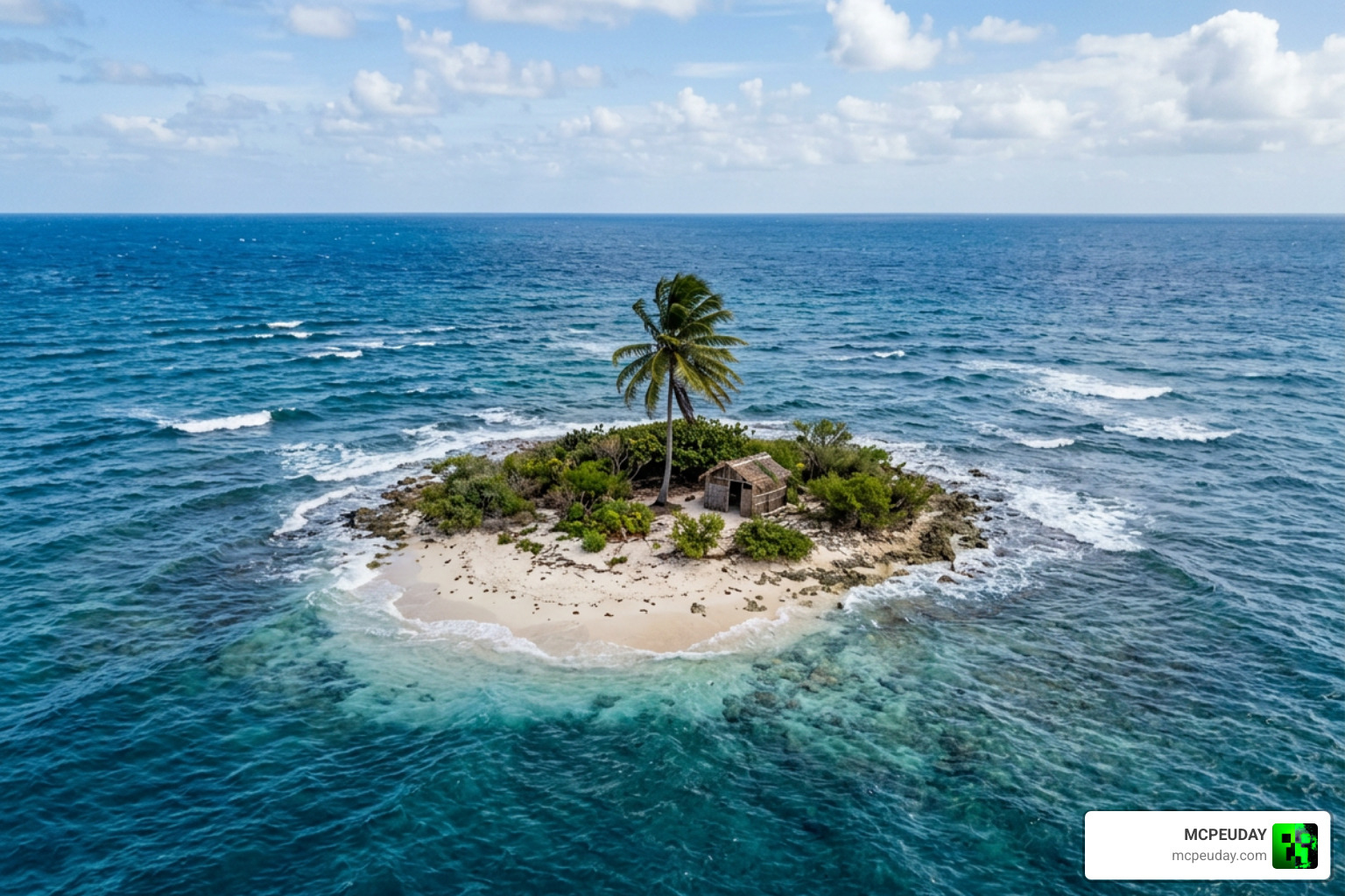Small survival island with one tree in the middle of a vast ocean Small survival island with one tree in the middle of a vast ocean