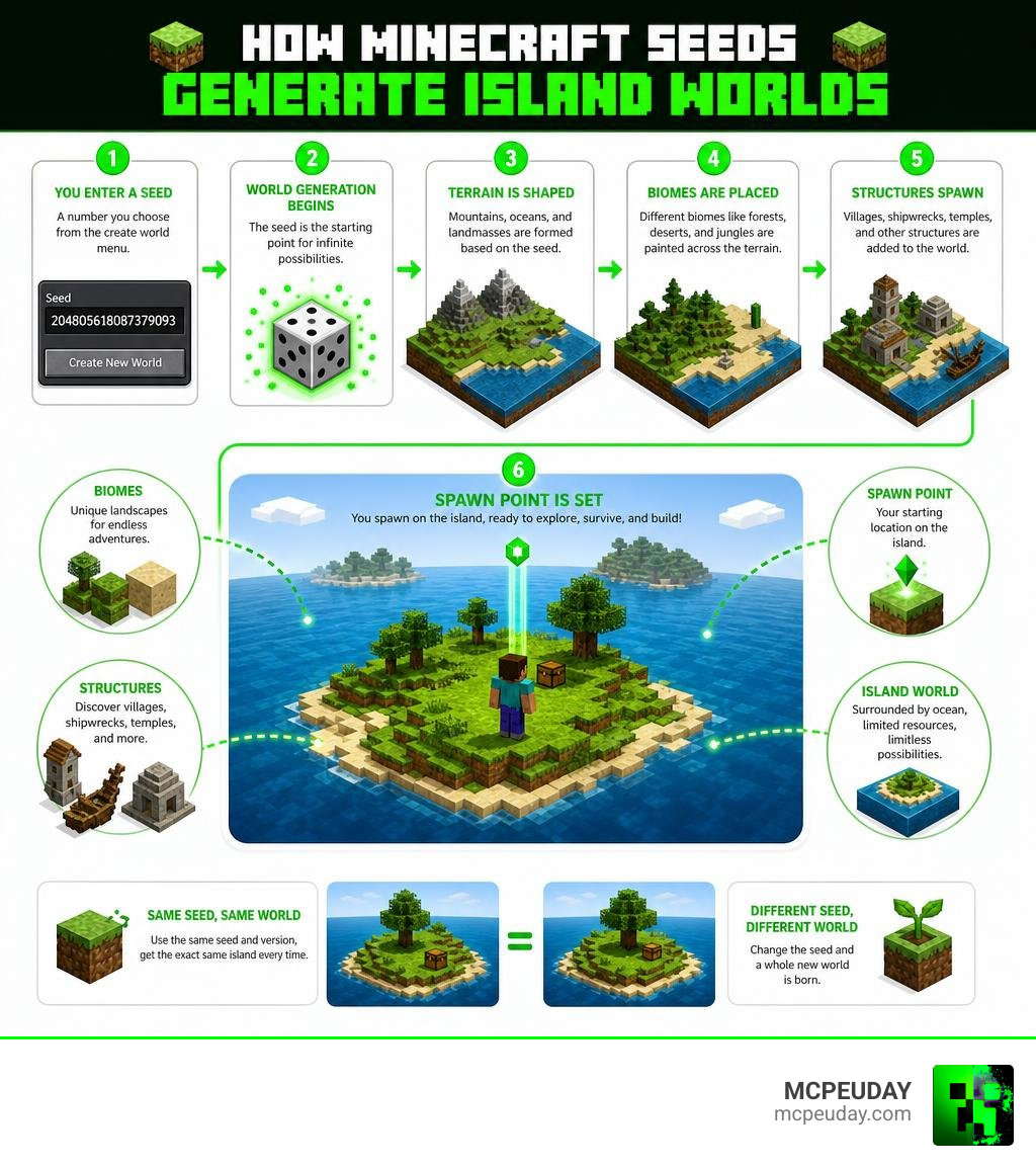Infographic showing how Minecraft seeds generate island worlds with biomes, structures, and spawn points infographic Infographic showing how Minecraft seeds generate island worlds with biomes, structures, and spawn points infographic