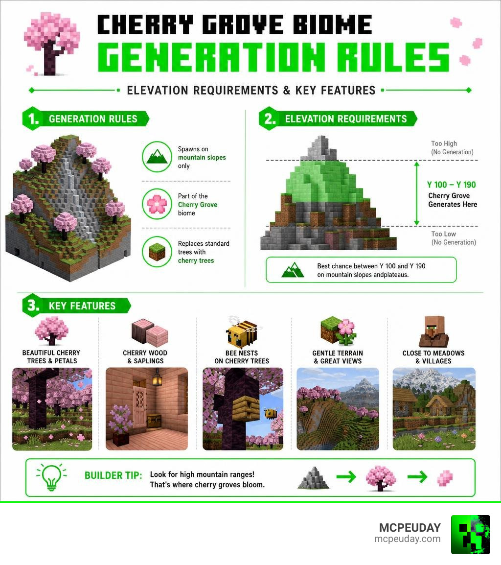 Cherry Grove biome generation rules, elevation requirements, and key features infographic infographic