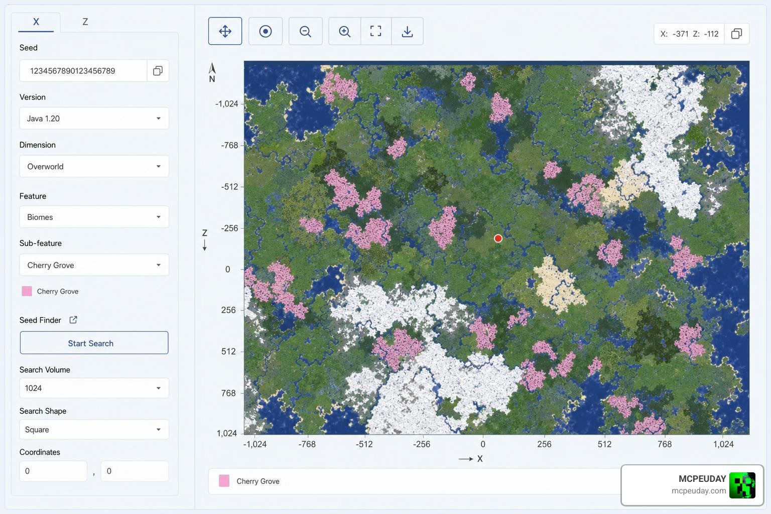 Chunkbase seed map interface showing cherry grove biomes
