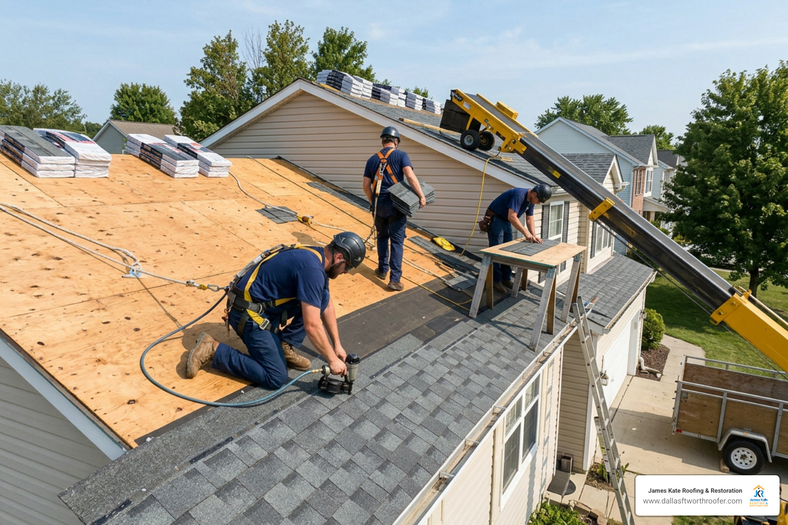 Roofing crew in royal blue James Kate shirts wearing safety harnesses on a steep slope without hard hats Roofing crew in royal blue James Kate shirts wearing safety harnesses on a steep slope without hard hats