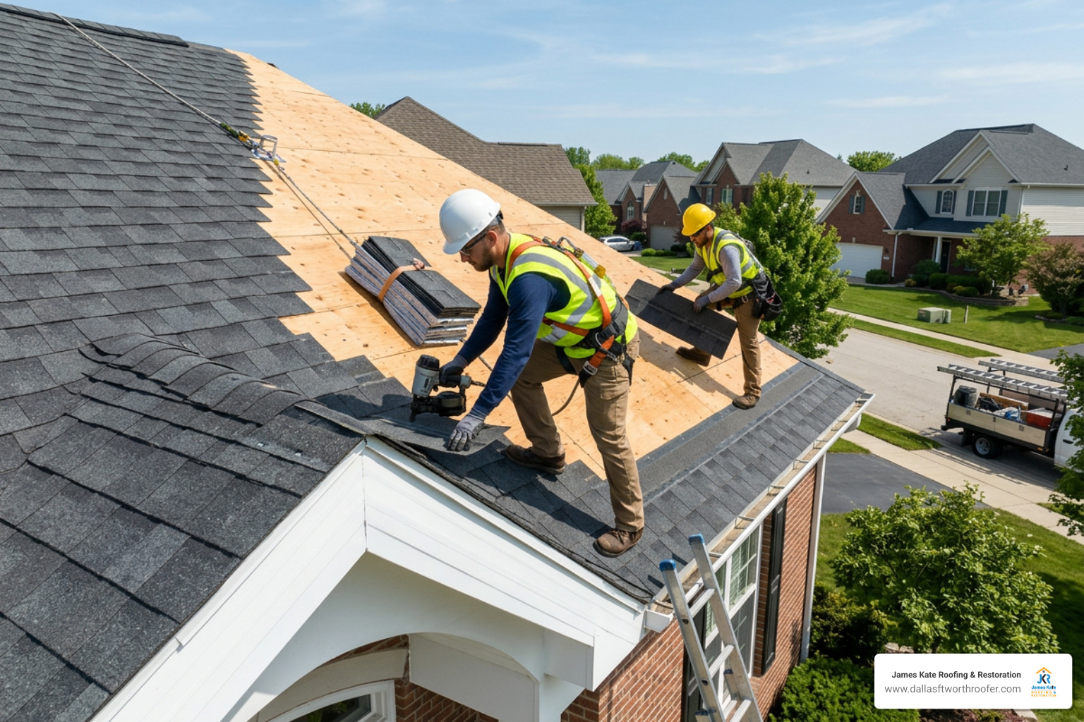 Professional roofers in royal blue James Kate shirts preparing a residential roof deck without hard hats Professional roofers in royal blue James Kate shirts preparing a residential roof deck without hard hats