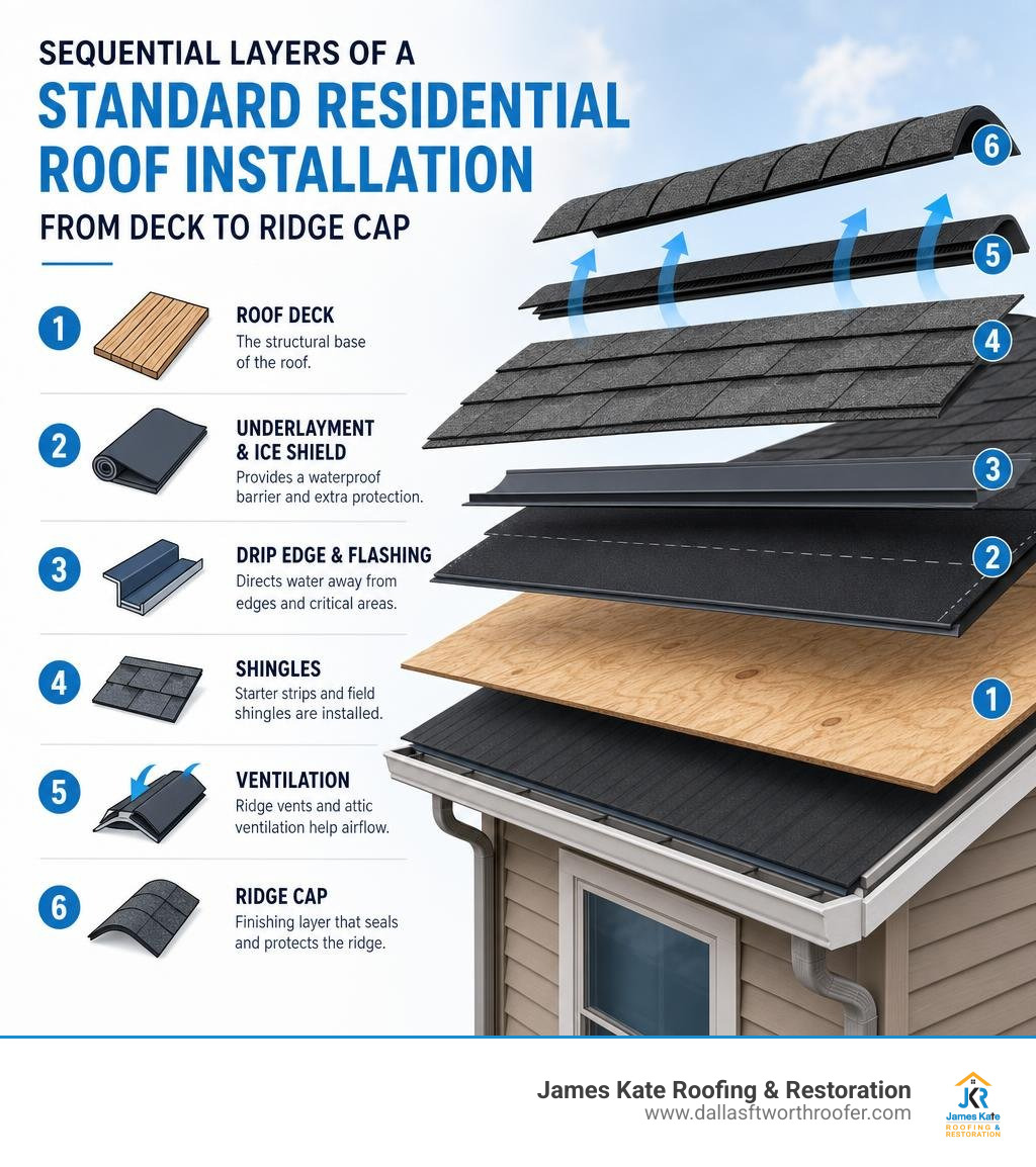 Sequential layers of a standard residential roof installation from deck to ridge cap infographic Sequential layers of a standard residential roof installation from deck to ridge cap infographic