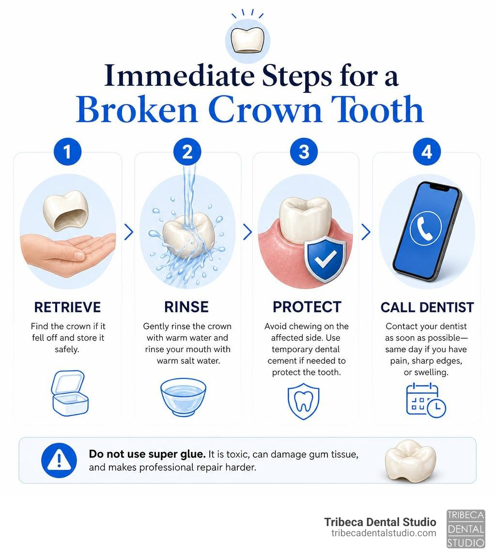 Immediate steps infographic for fixing a broken crown tooth: retrieve, rinse, protect, call dentist infographic Immediate steps infographic for fixing a broken crown tooth: retrieve, rinse, protect, call dentist infographic