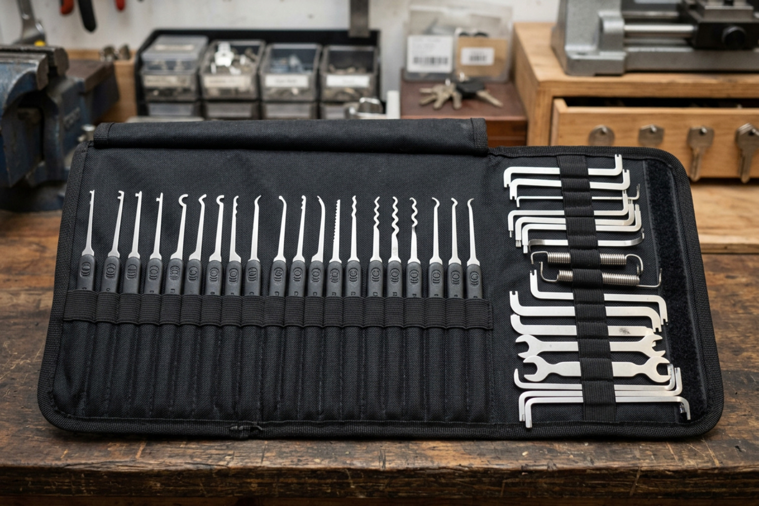 Professional locksmith tool kit containing various extraction picks and tension wrenches