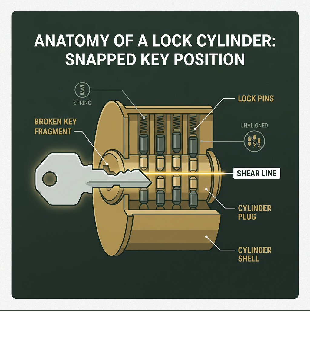 Anatomy of a lock cylinder showing snapped key position, shear line, and lock pins infographic