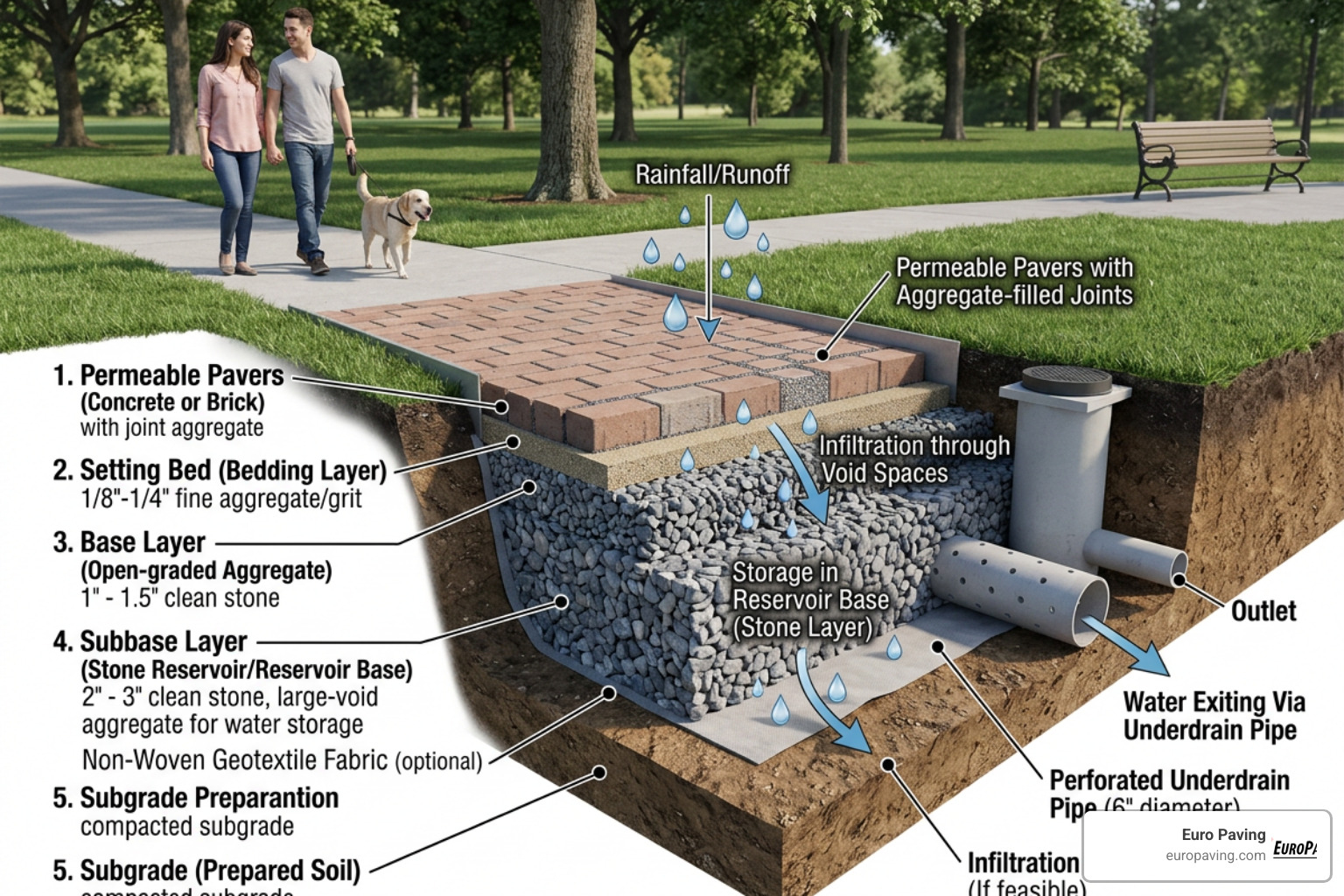Cross-section diagram of permeable paver aggregate base layers and subgrade preparation Cross-section diagram of permeable paver aggregate base layers and subgrade preparation