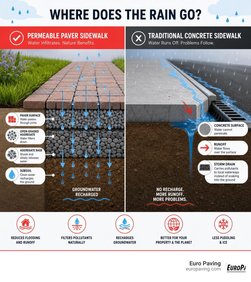 Infographic showing how stormwater infiltrates through permeable paver layers into subsoil vs. runoff from traditional Infographic showing how stormwater infiltrates through permeable paver layers into subsoil vs. runoff from traditional