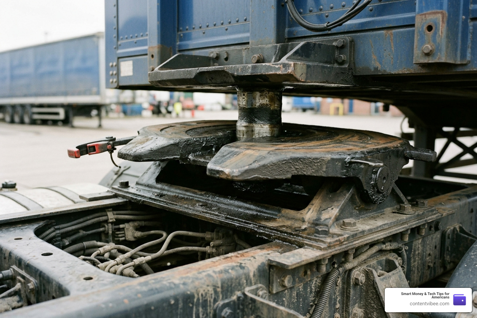 tractor-trailer coupling joint showing the fifth-wheel connection