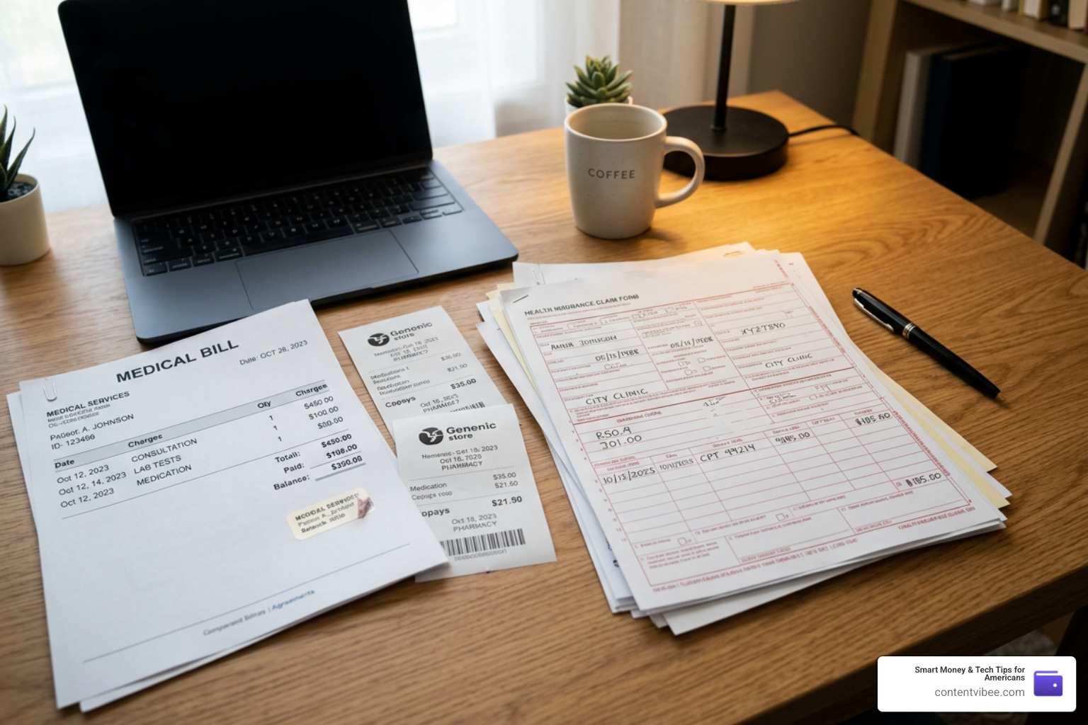 medical bills, receipts, and claim documents on a desk