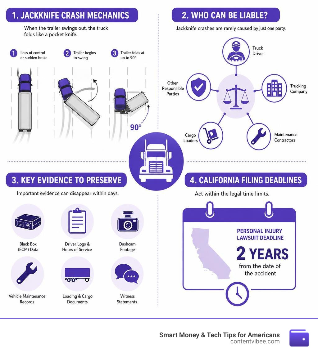 Infographic showing jackknife crash mechanics, liable parties, key evidence to preserve, and California filing deadlines
